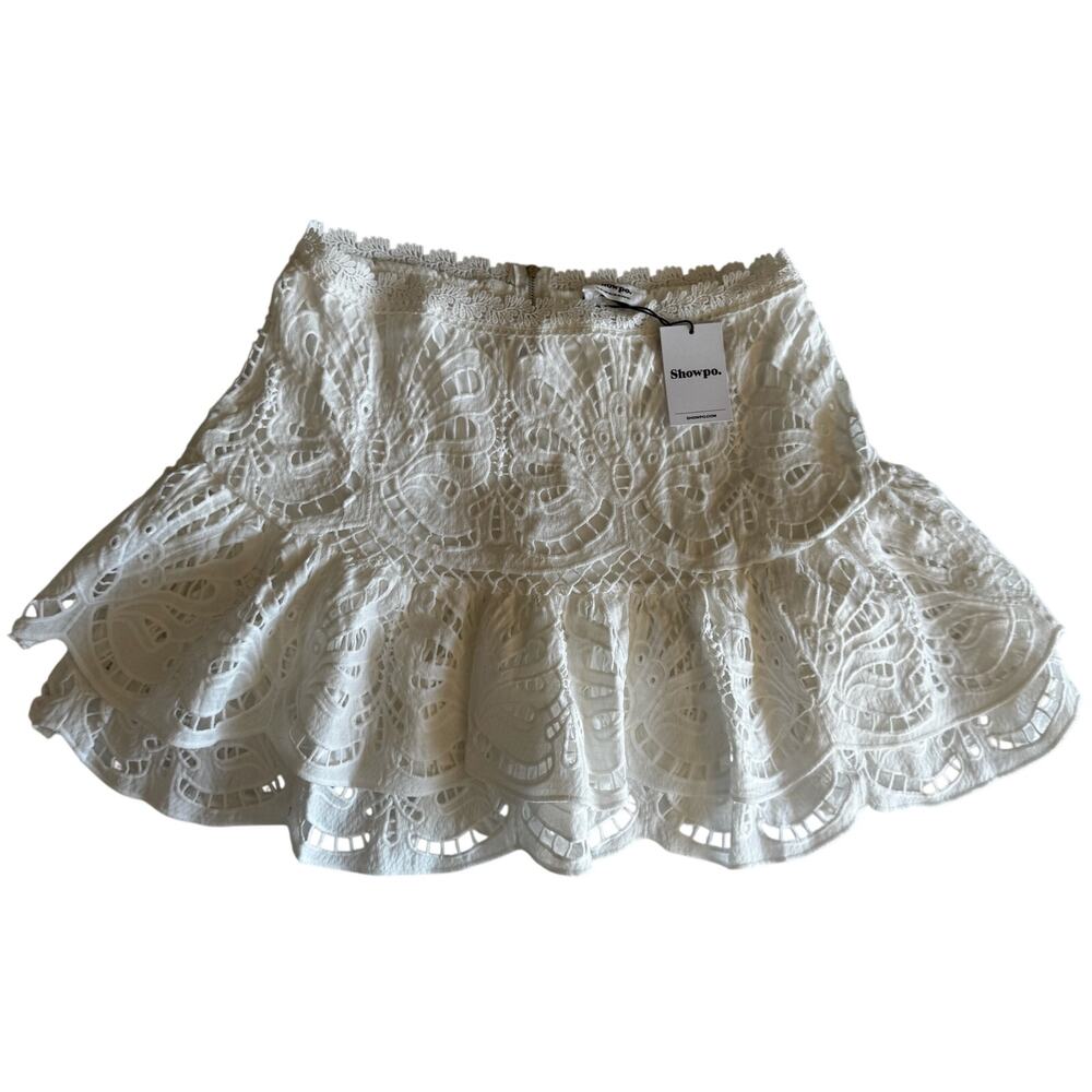 Showpo Kiss Me Softly White Lace Ruffle Mini Skirt US 12 NWT Coquette Boho Fairy - Picture 3 of 16